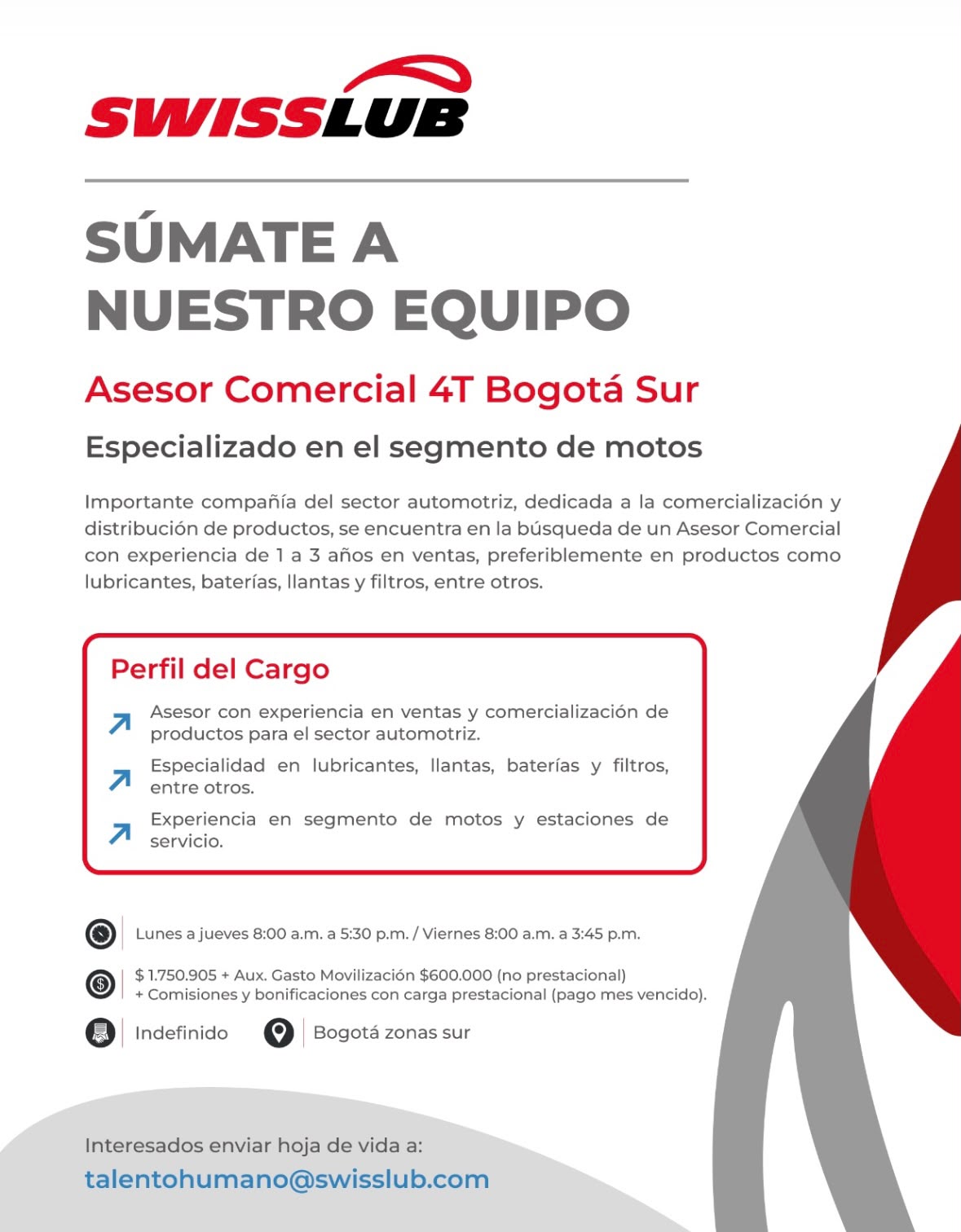 Asesor Comercial 4T Bogotá Sur — Swisslub