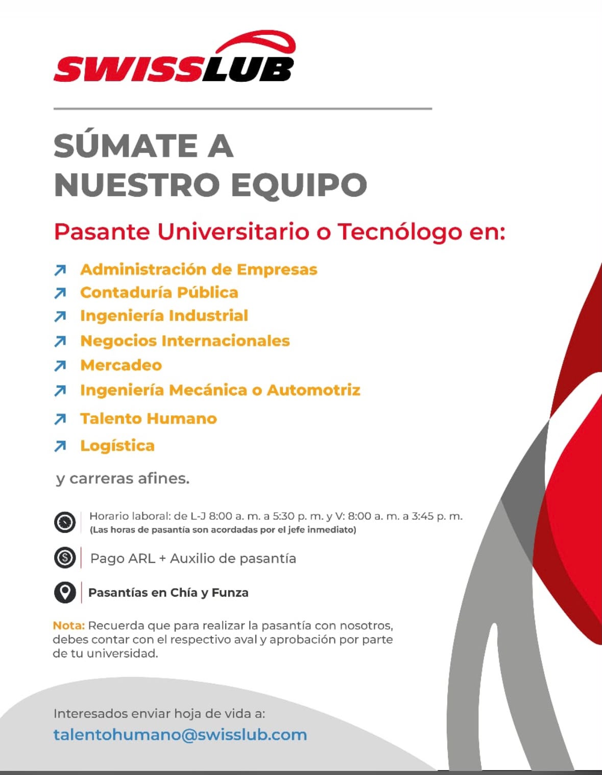 Pasante Universitario o Tecnólogo — Swisslub